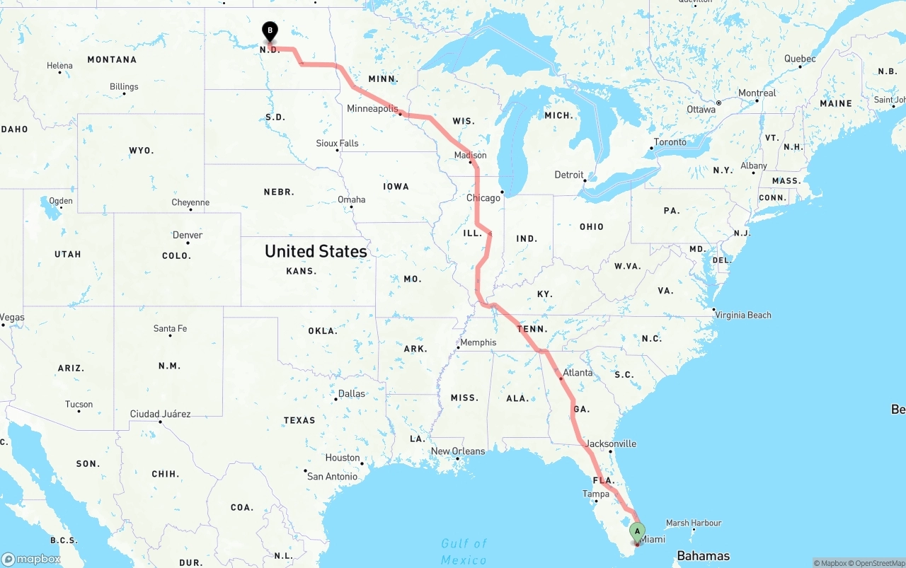 Shipping route from Port of Miami to North Dakota