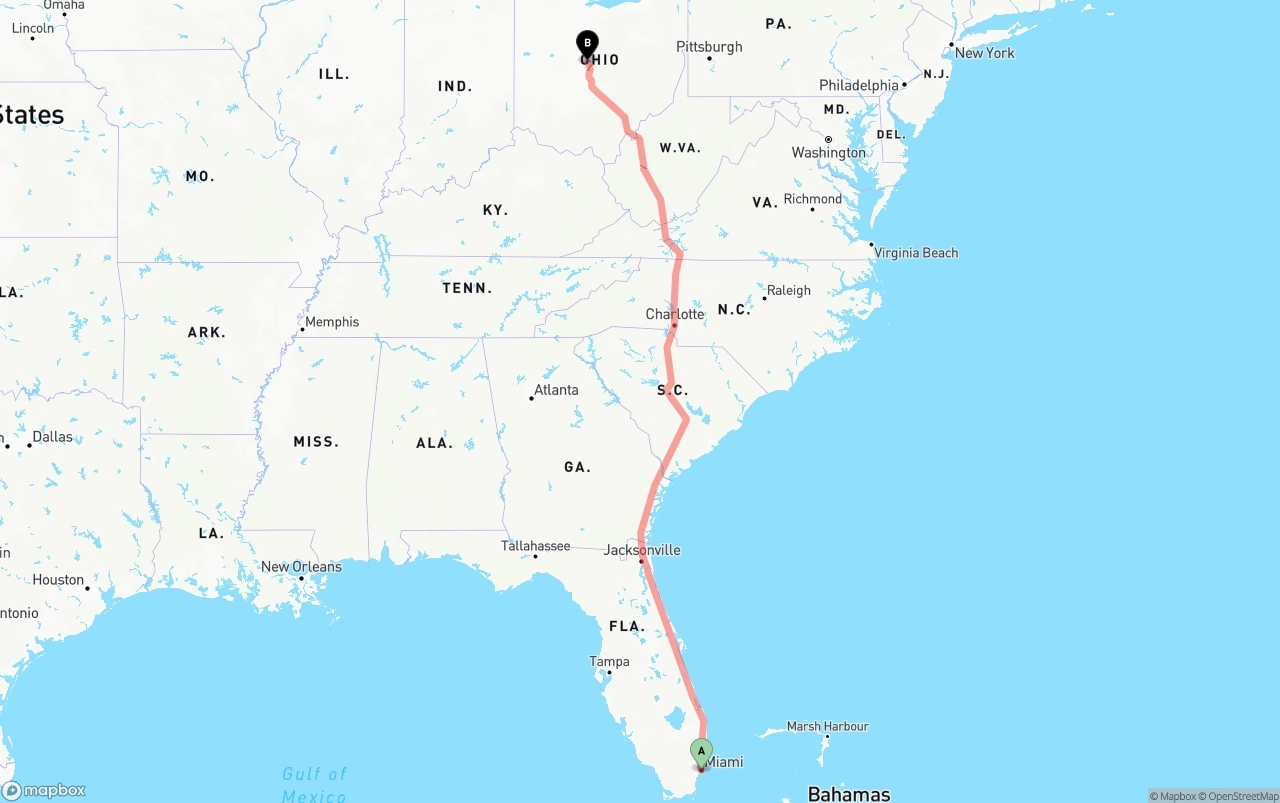 Shipping route from Port of Miami to Ohio