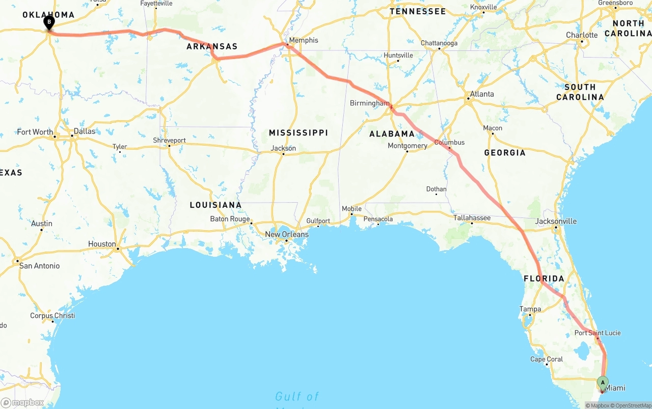 Shipping route from Port of Miami to Oklahoma City
