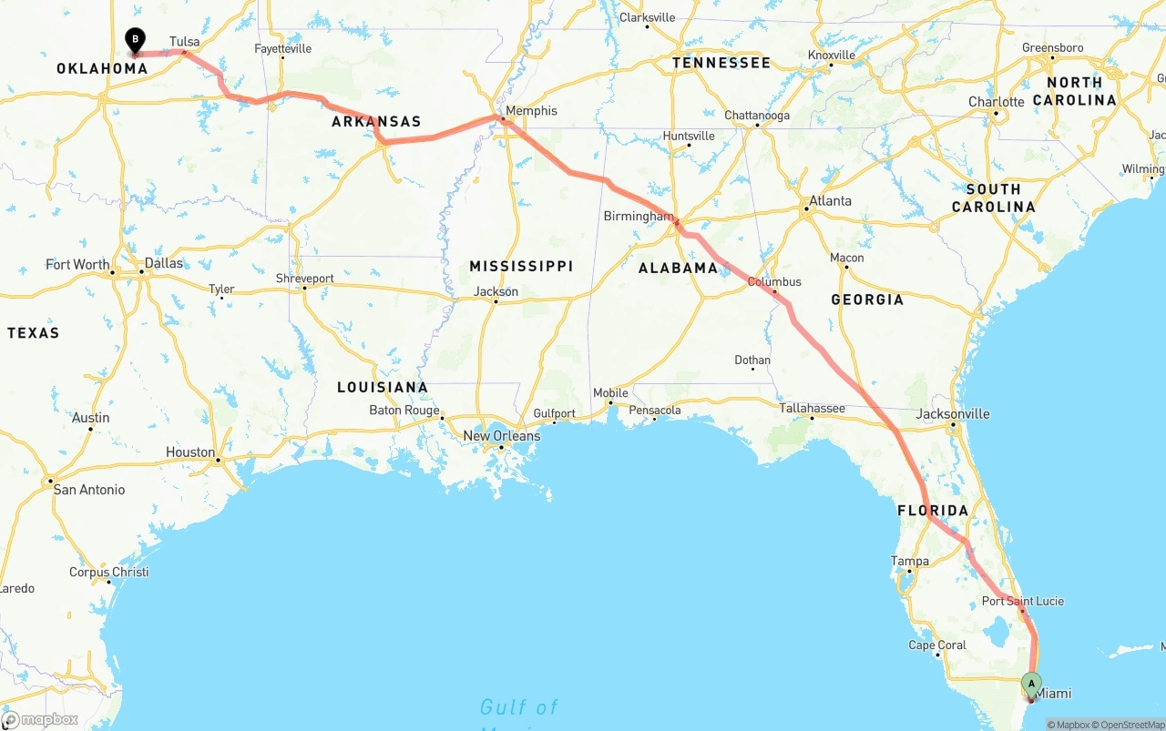 Shipping route from Port of Miami to Oklahoma