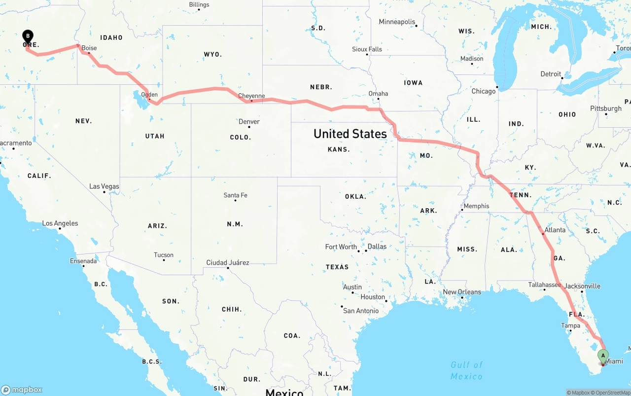 Shipping route from Port of Miami to Oregon