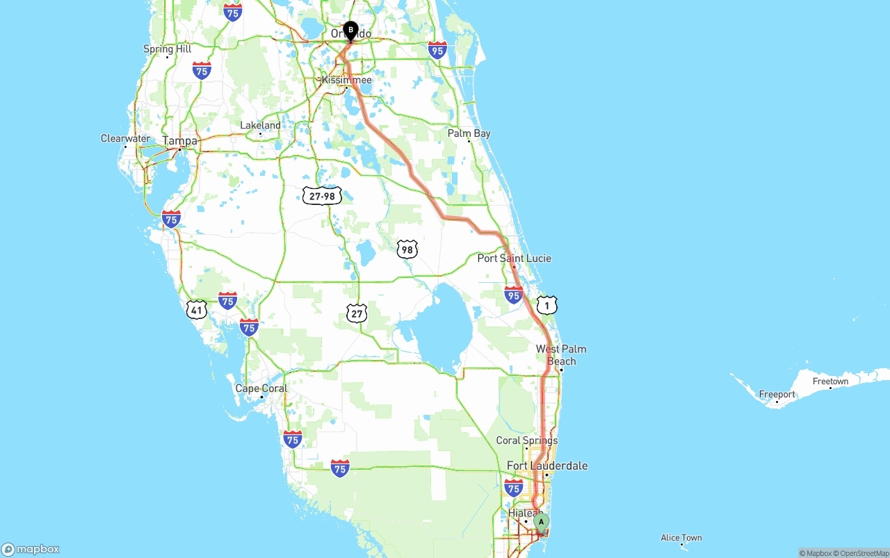 Shipping route from Port of Miami to Orlando