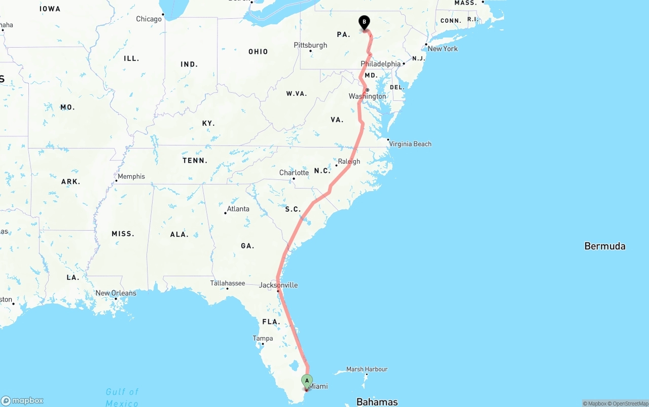 Shipping route from Port of Miami to Pennsylvania