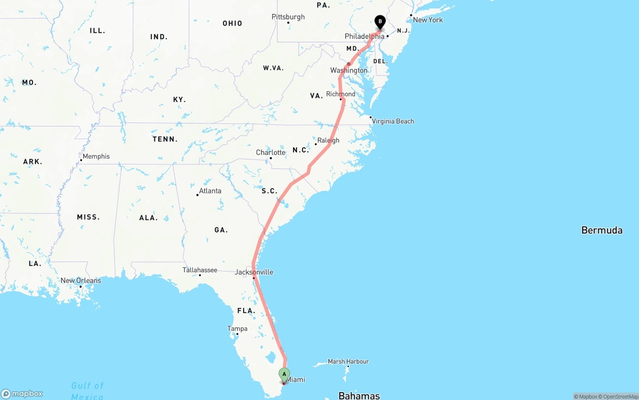 Shipping route from Port of Miami to Phoenix