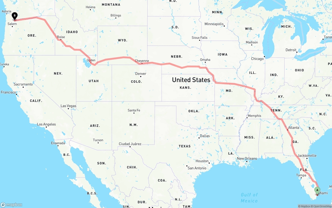Shipping route from Port of Miami to Portland