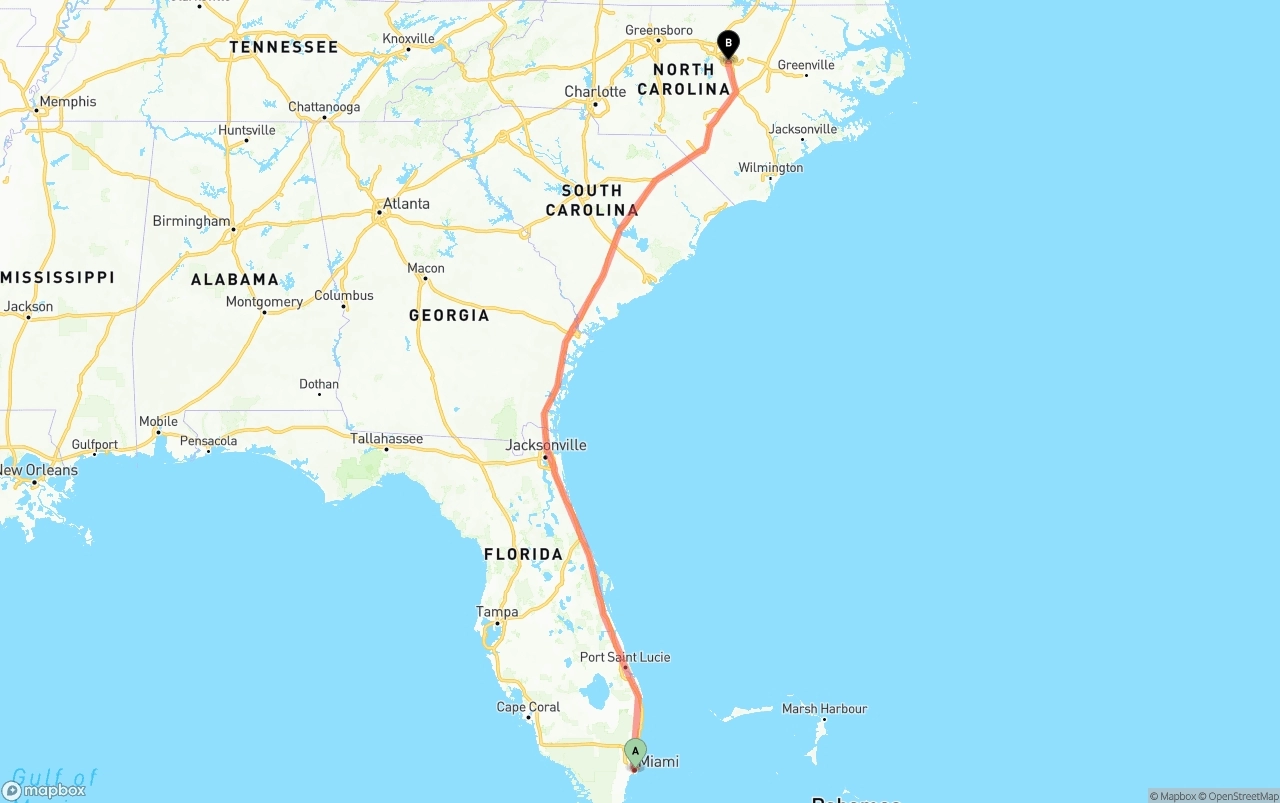 Shipping route from Port of Miami to Raleigh