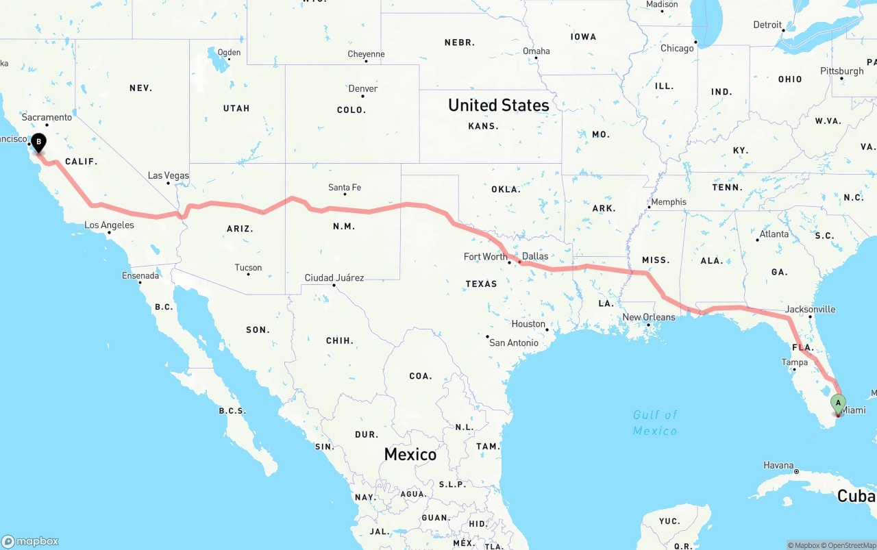Shipping route from Port of Miami to San Jose