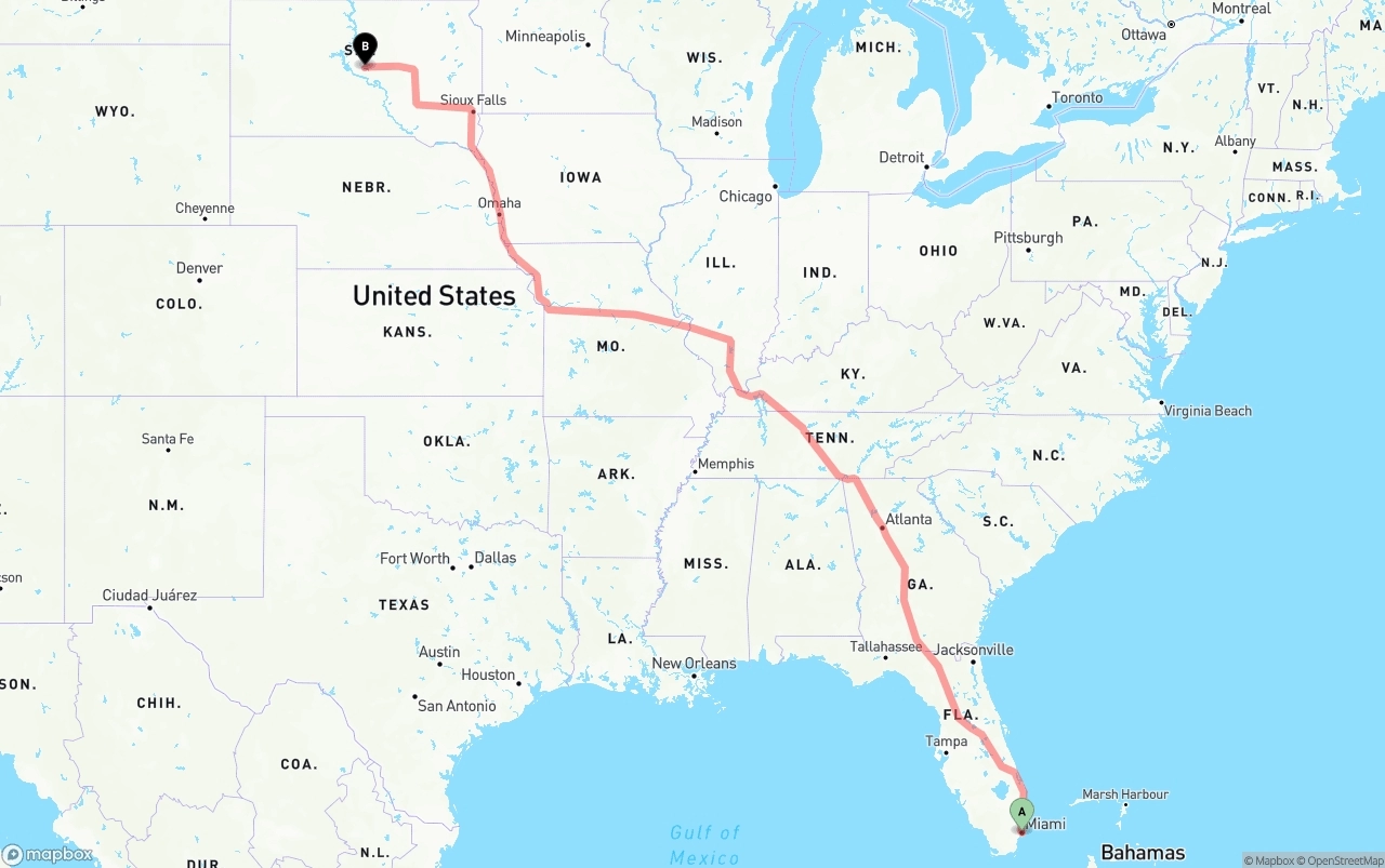 Shipping route from Port of Miami to South Dakota