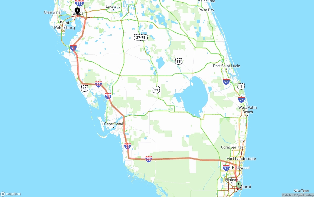 Shipping route from Port of Miami to Tampa