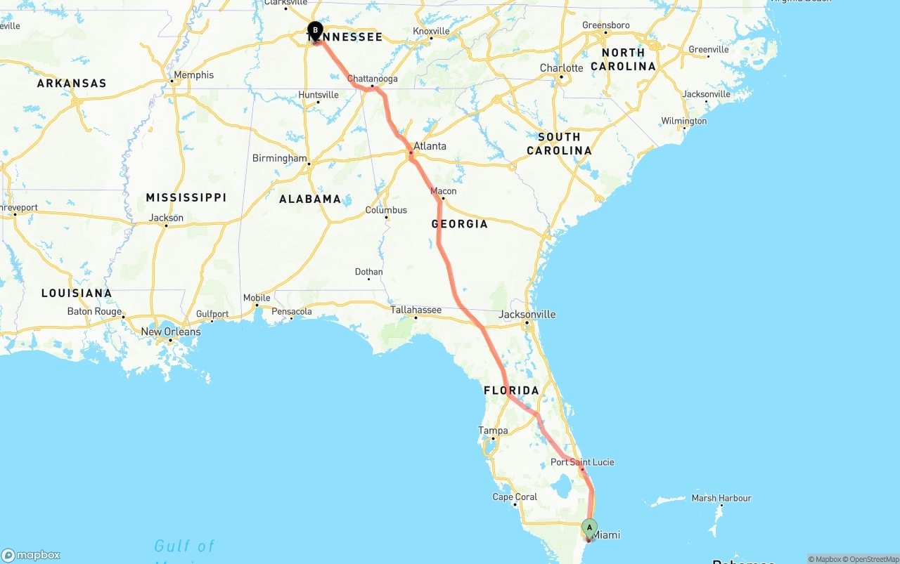 Shipping route from Port of Miami to Tennessee