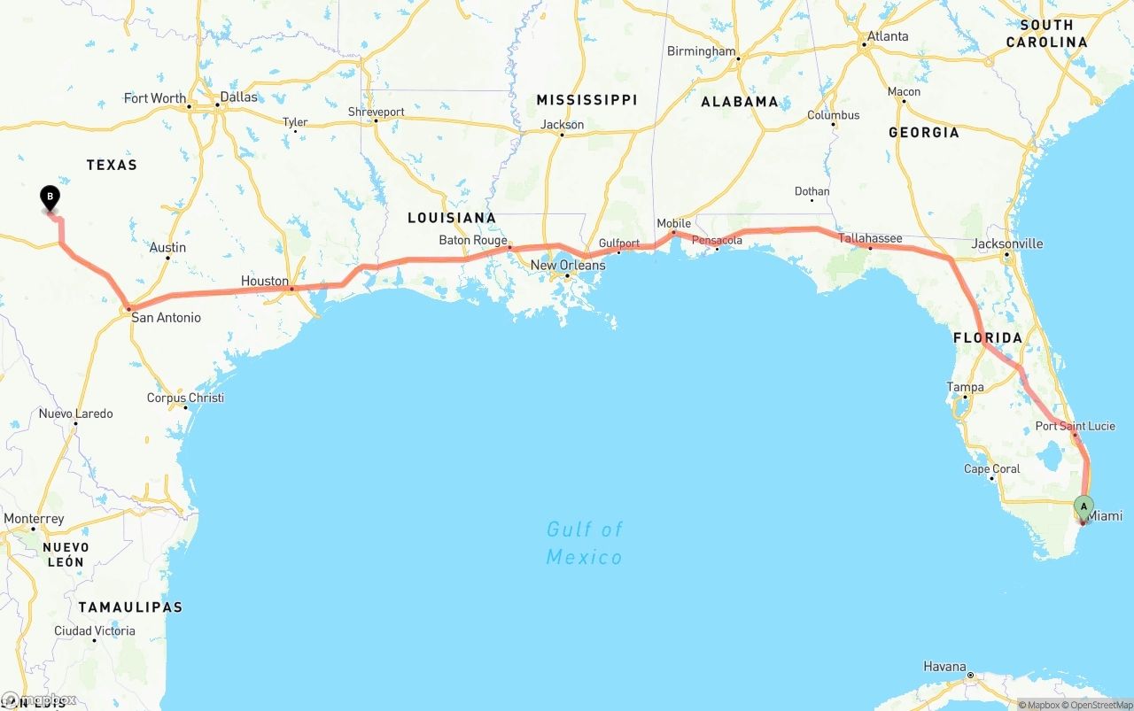 Shipping route from Port of Miami to Texas