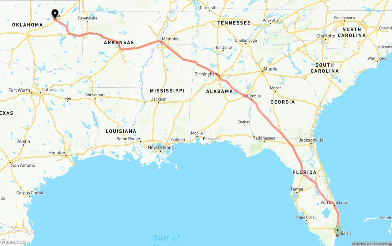 Shipping route from Port of Miami to Tulsa