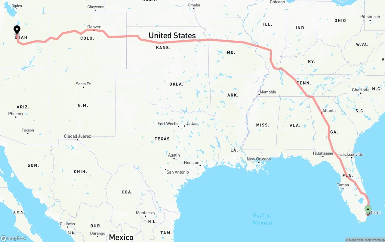 Shipping route from Port of Miami to Utah