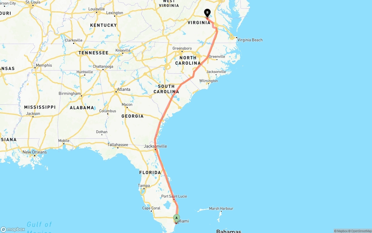 Shipping route from Port of Miami to Virginia