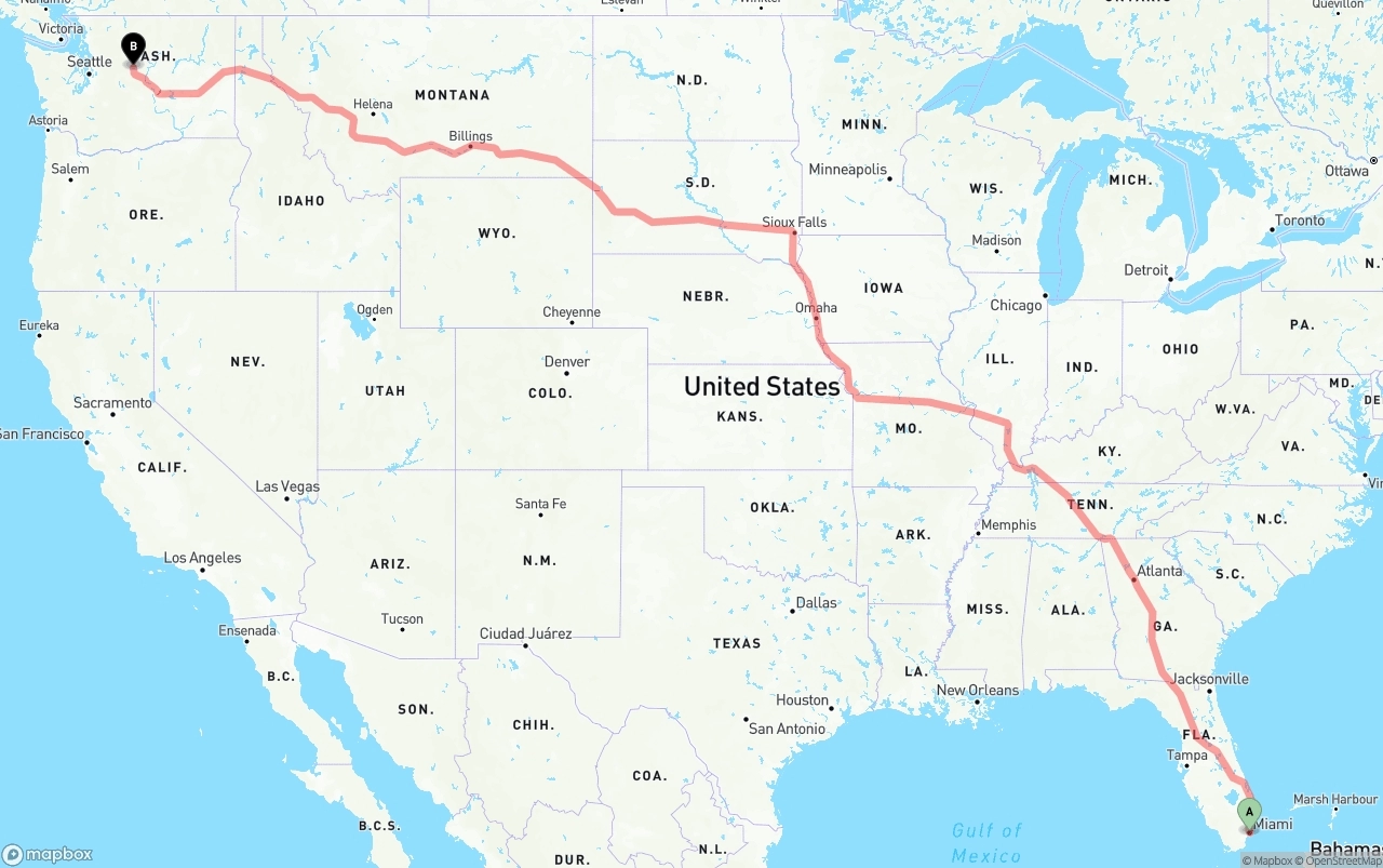 Shipping route from Port of Miami to Washington