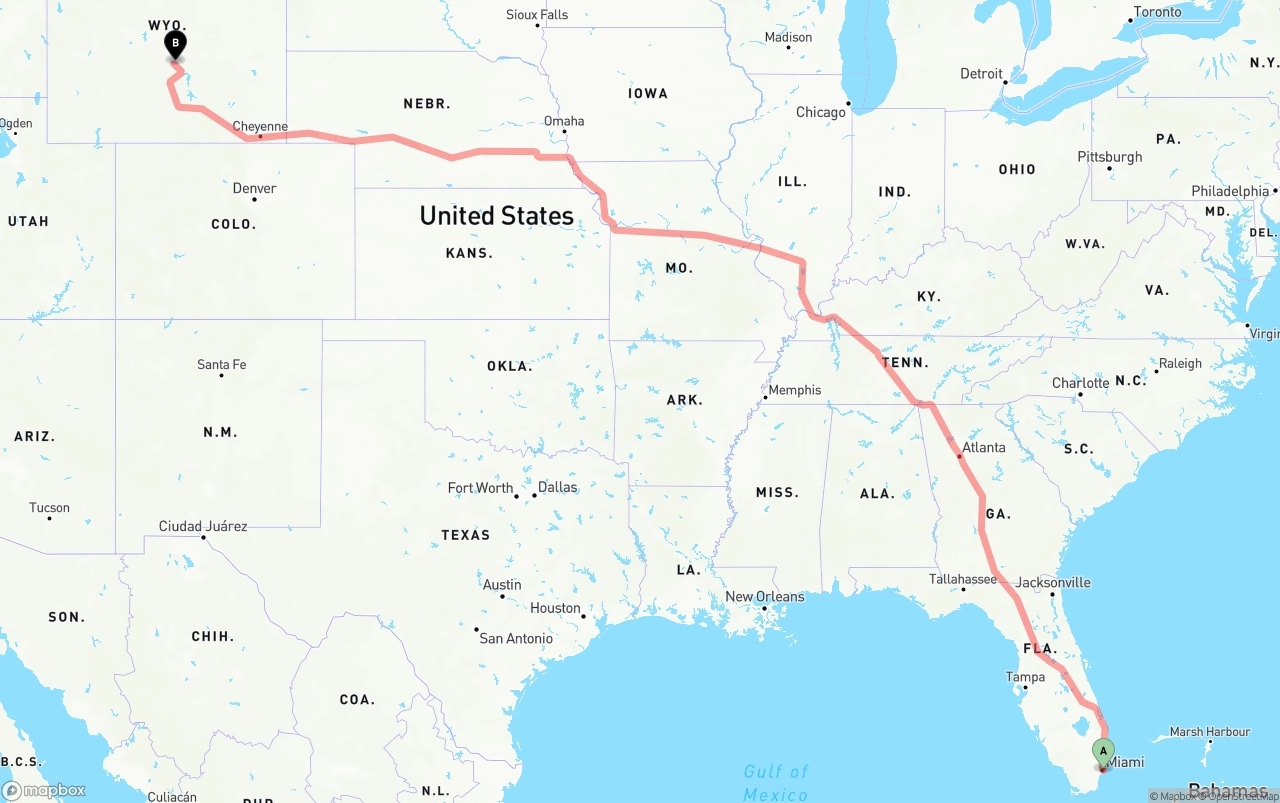 Shipping route from Port of Miami to Wyoming