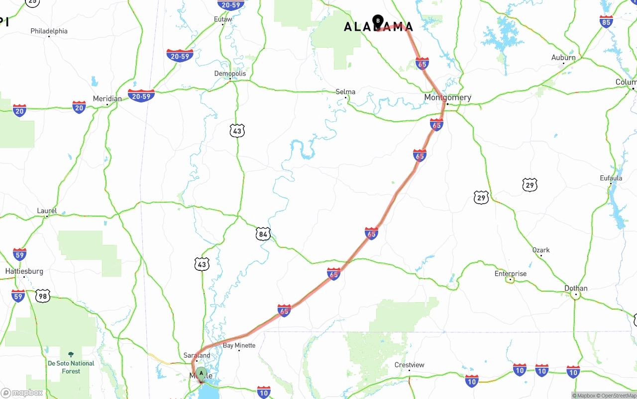 Shipping route from Port of Mobile to Alabama