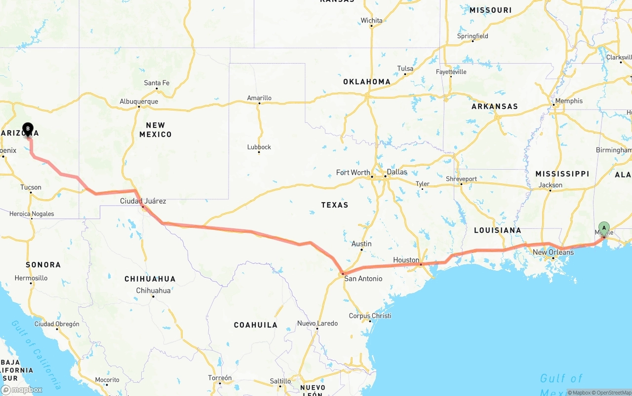 Shipping route from Port of Mobile to Arizona