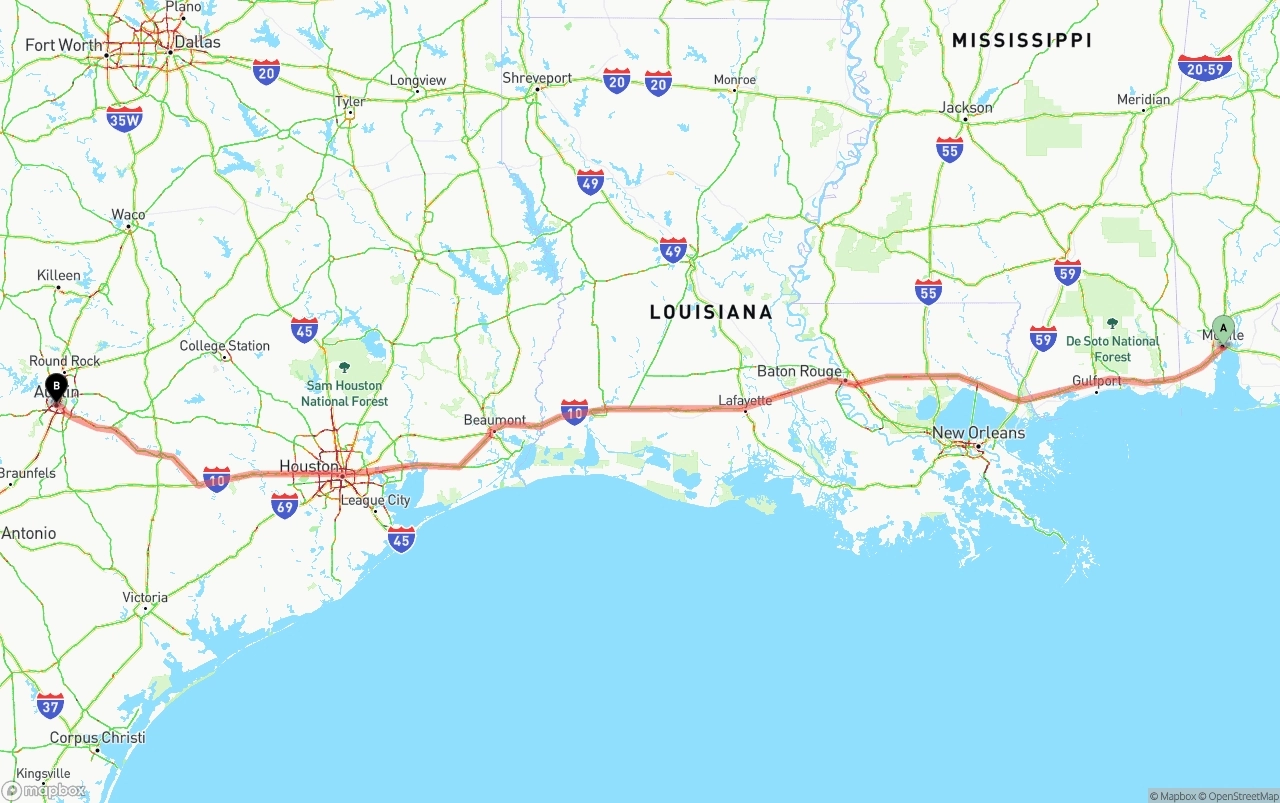 Shipping route from Port of Mobile to Austin