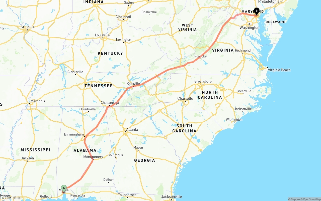 Shipping route from Port of Mobile to Baltimore