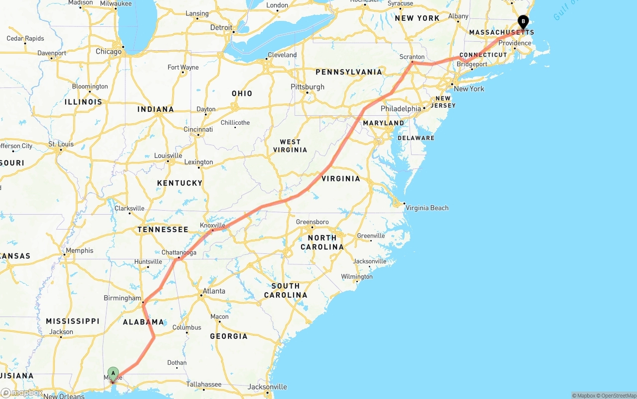 Shipping route from Port of Mobile to Boston