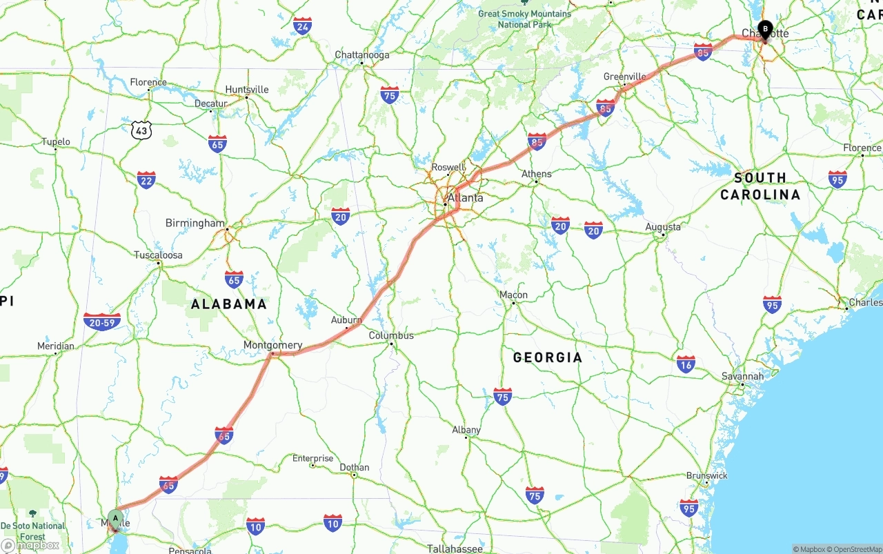Shipping route from Port of Mobile to Charlotte