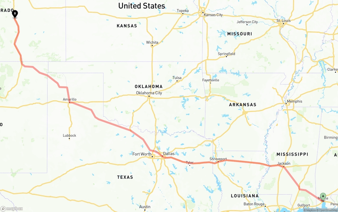 Shipping route from Port of Mobile to Colorado Springs