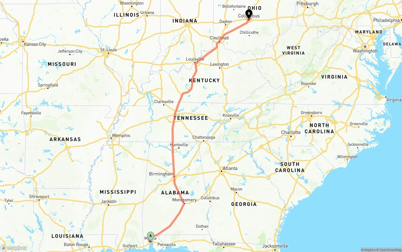 Shipping route from Port of Mobile to Columbus
