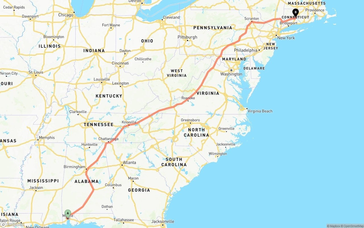 Shipping route from Port of Mobile to Connecticut