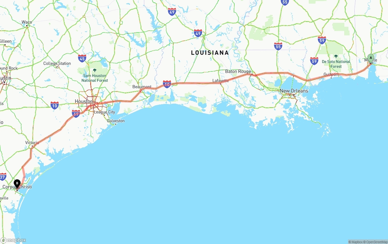 Shipping route from Port of Mobile to Corpus Christi