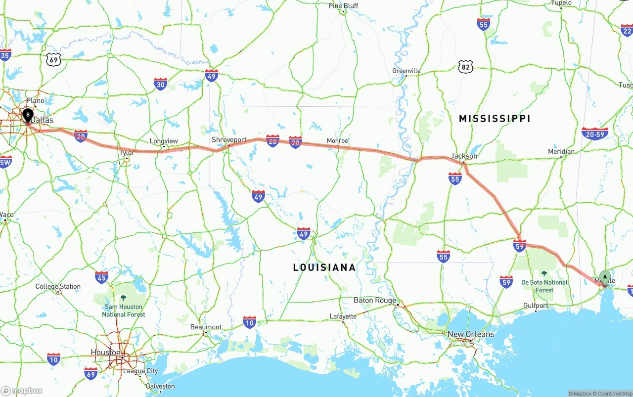 Shipping route from Port of Mobile to Dallas