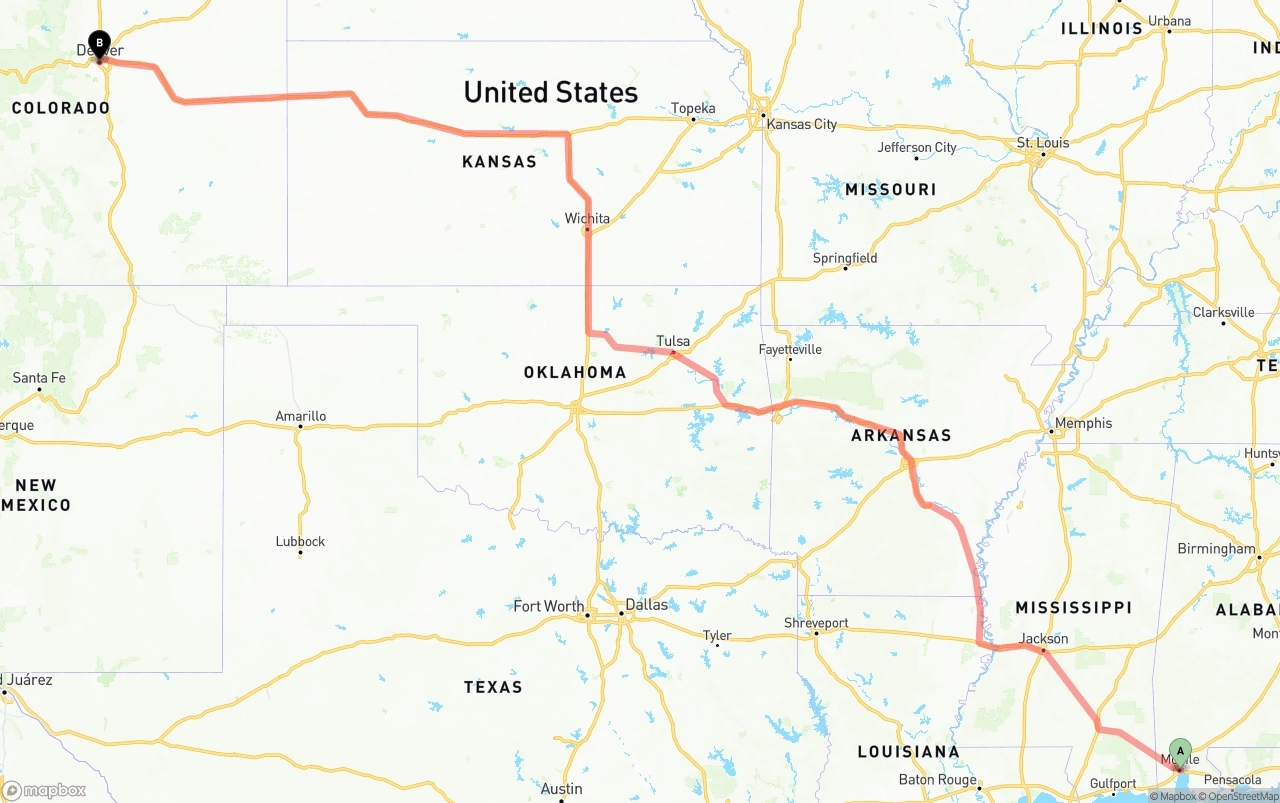 Shipping route from Port of Mobile to Denver