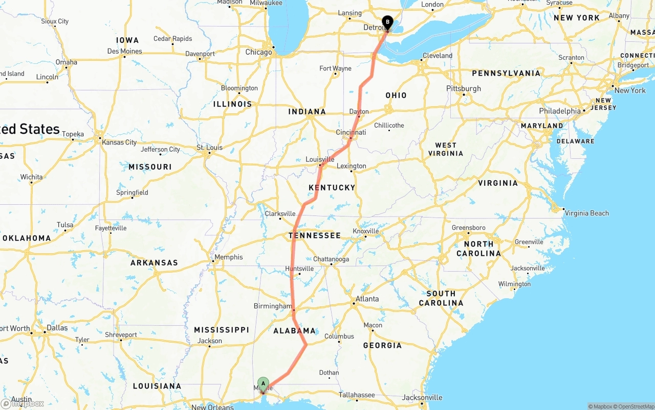 Shipping route from Port of Mobile to Detroit