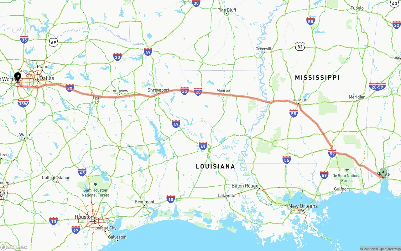 Shipping route from Port of Mobile to Fort Worth