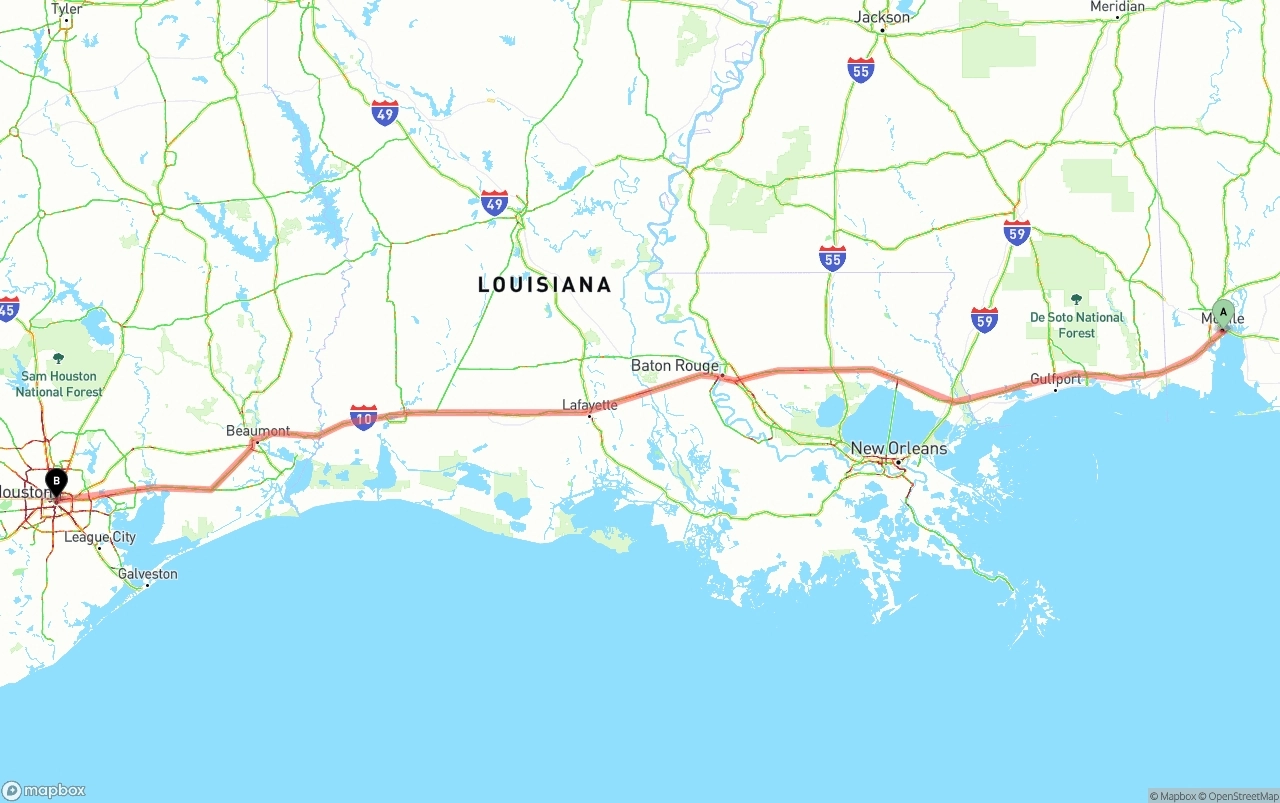 Shipping route from Port of Mobile to Houston