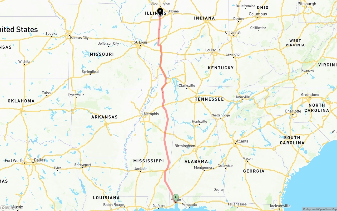 Shipping route from Port of Mobile to Illinois