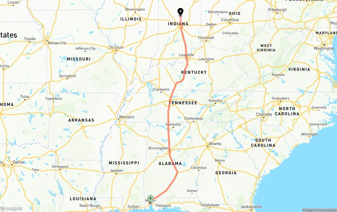 Shipping route from Port of Mobile to Indiana