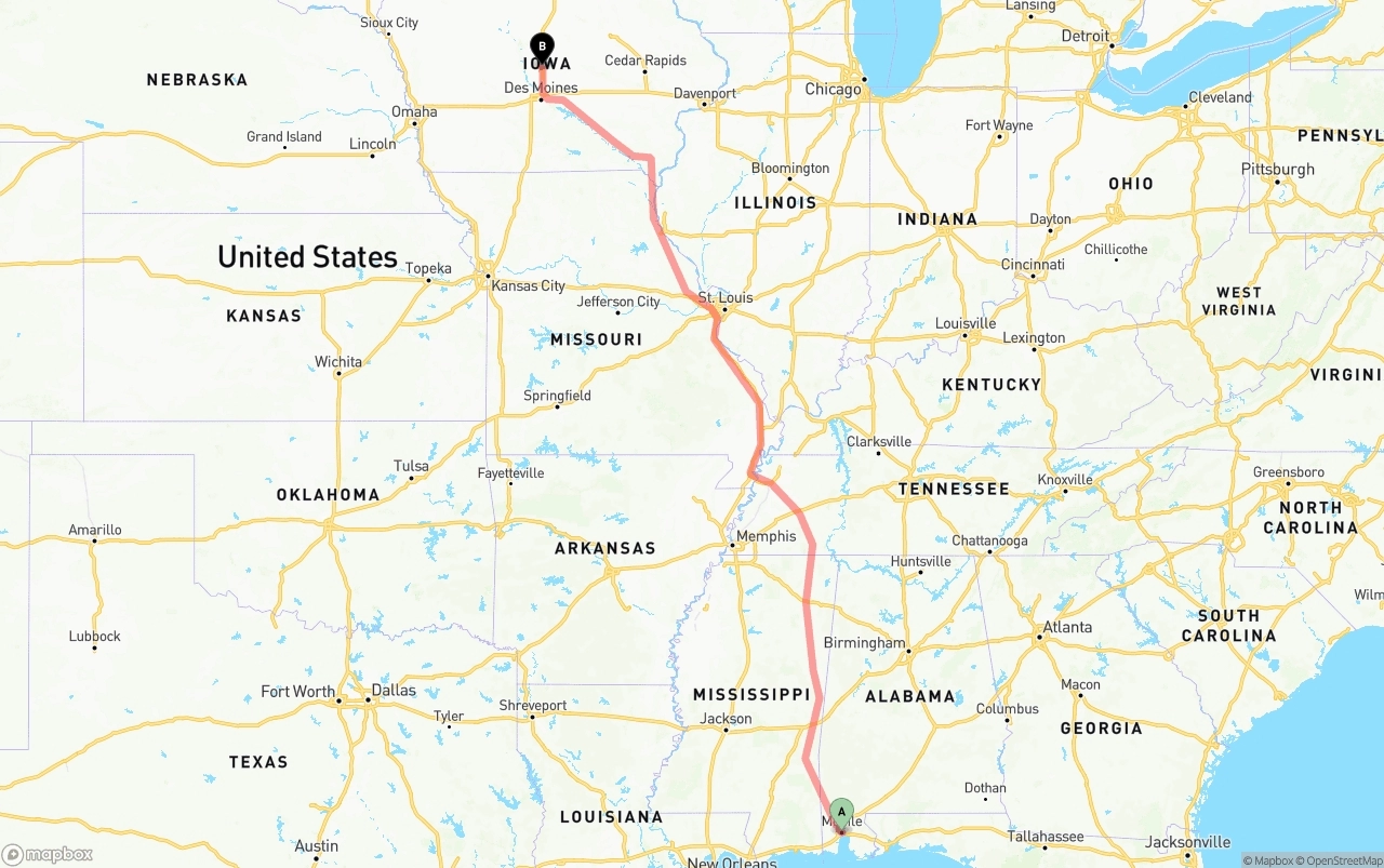Shipping route from Port of Mobile to Iowa