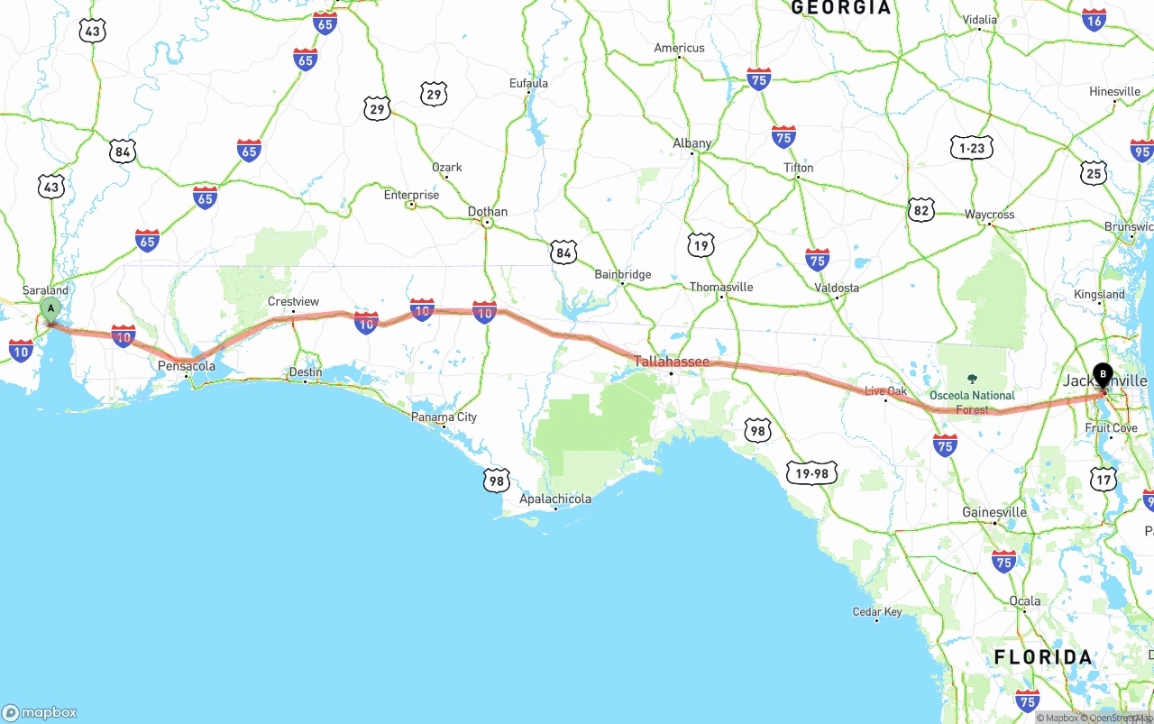 Shipping route from Port of Mobile to Jacksonville