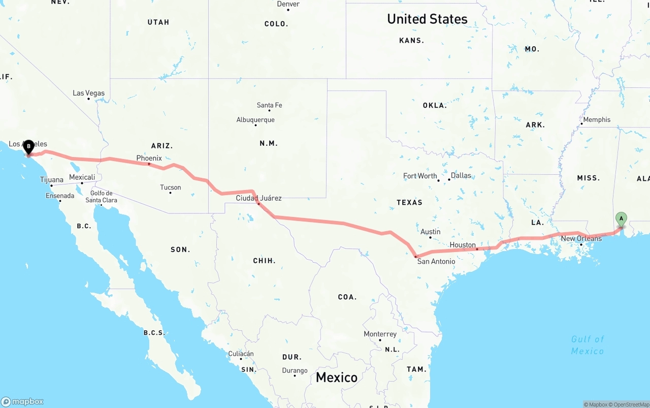 Shipping route from Port of Mobile to Long Beach