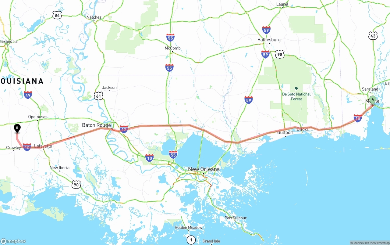 Shipping route from Port of Mobile to Louisiana