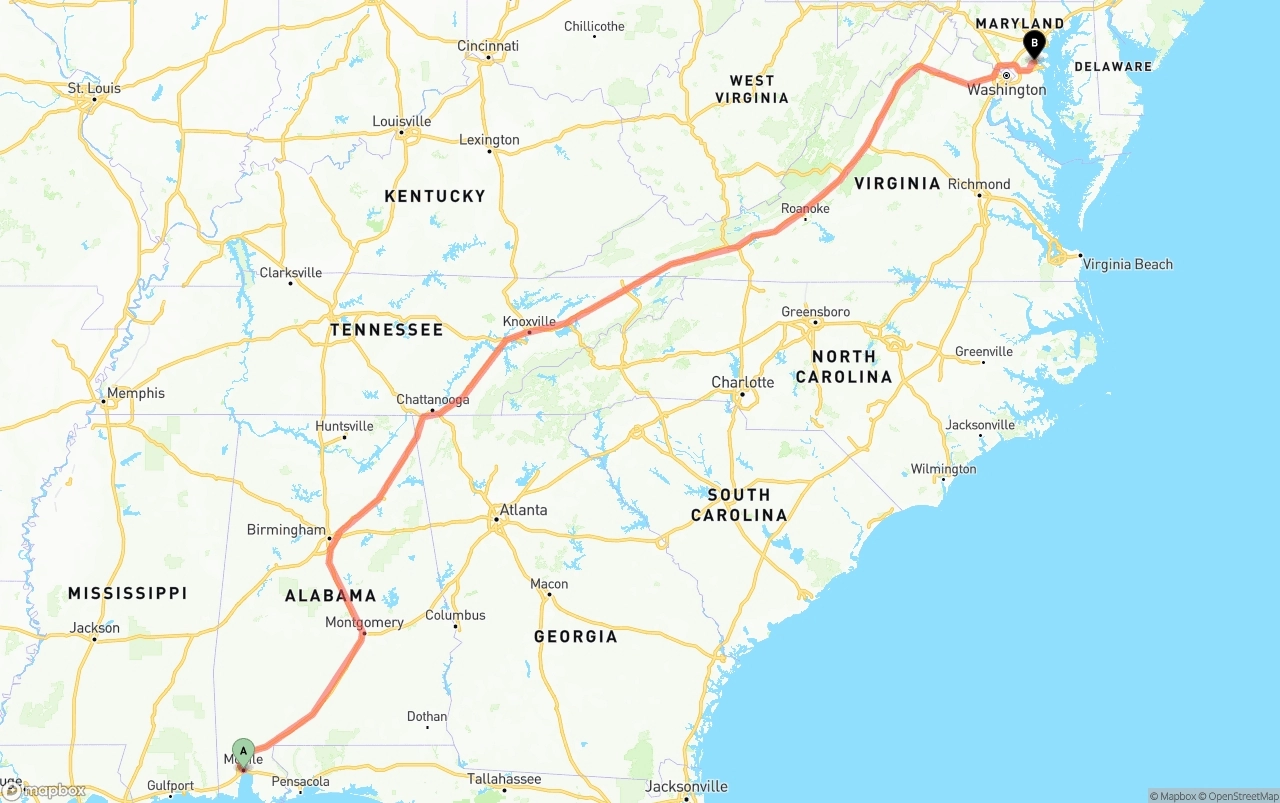 Shipping route from Port of Mobile to Maryland