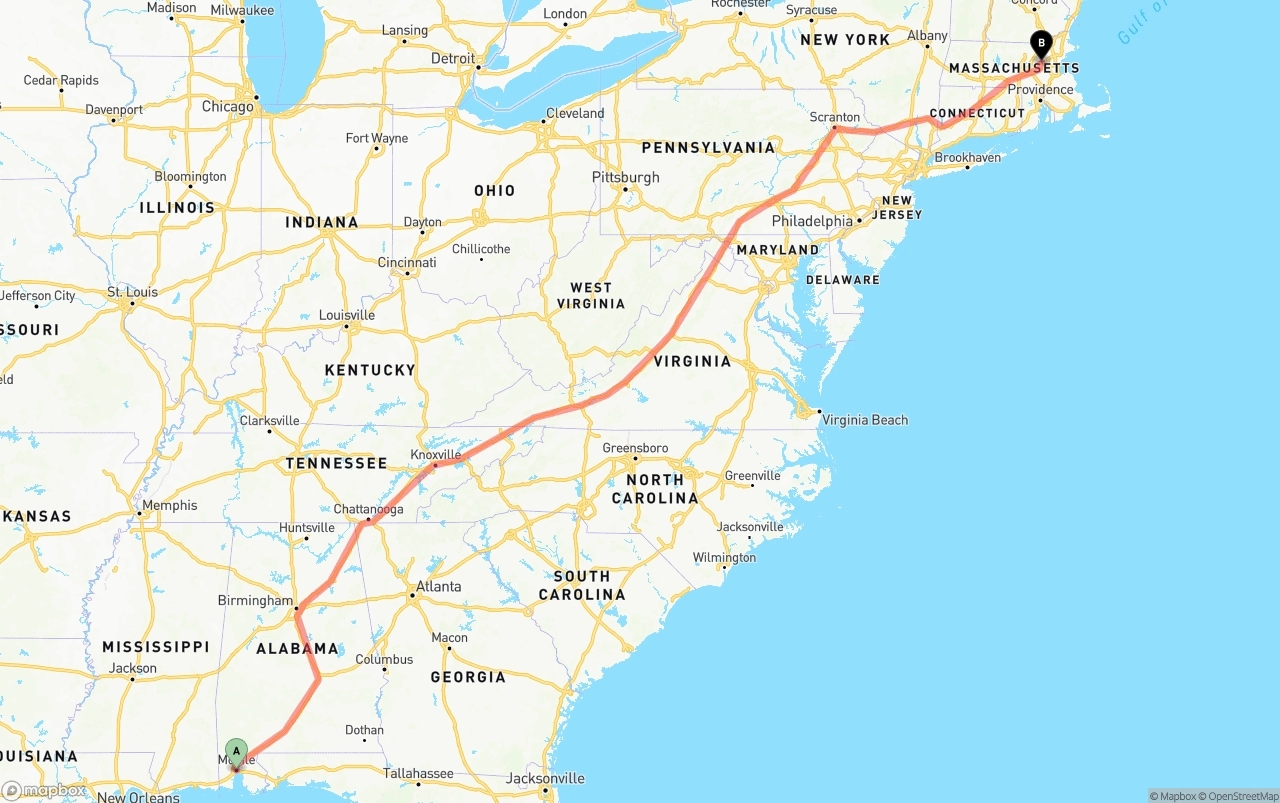 Shipping route from Port of Mobile to Massachusetts