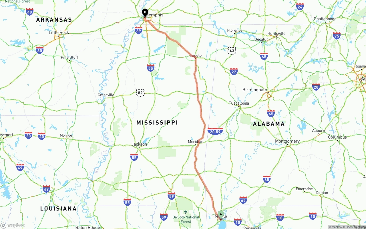 Shipping route from Port of Mobile to Memphis