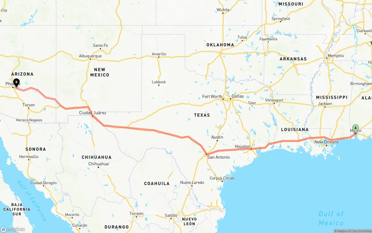 Shipping route from Port of Mobile to Mesa
