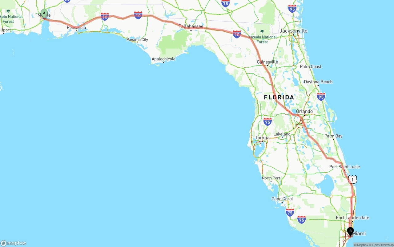 Shipping route from Port of Mobile to Miami