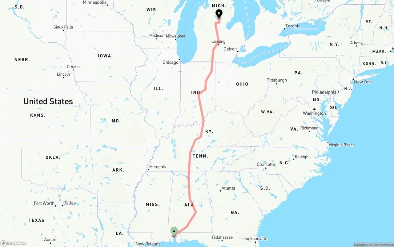 Shipping route from Port of Mobile to Michigan