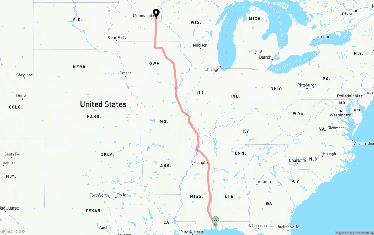 Shipping route from Port of Mobile to Minneapolis