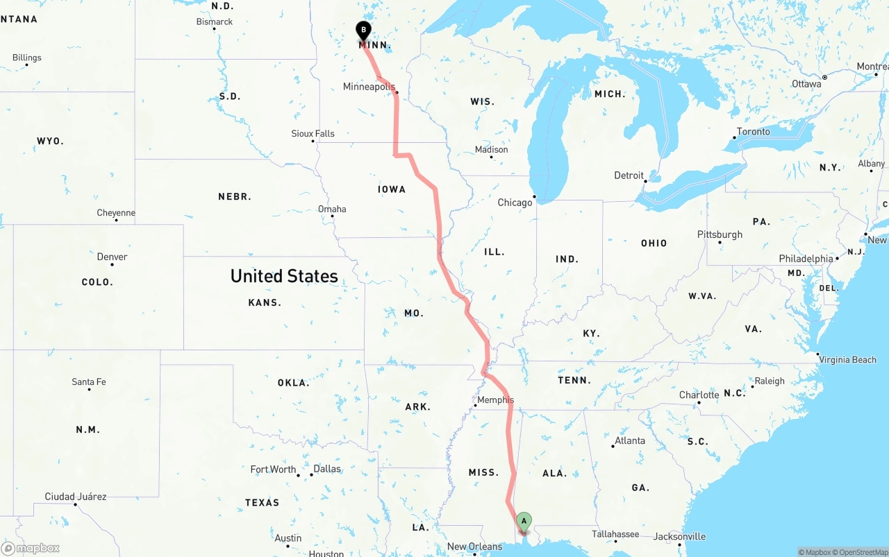 Shipping route from Port of Mobile to Minnesota