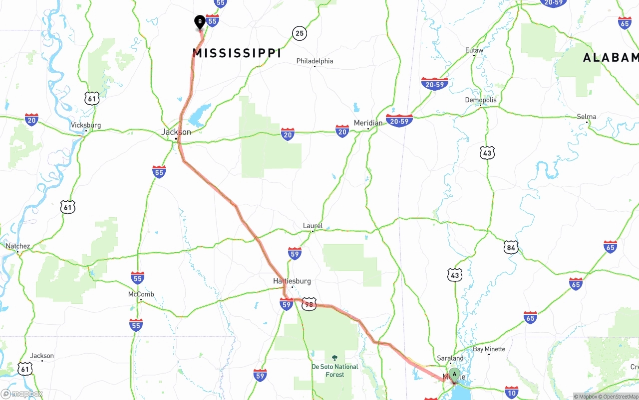 Shipping route from Port of Mobile to Mississippi